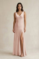 V - neck Sheath Satin Bridesmaid Dress With Back Bow in Pale Blush - KissProm Bridesmaid Dresses