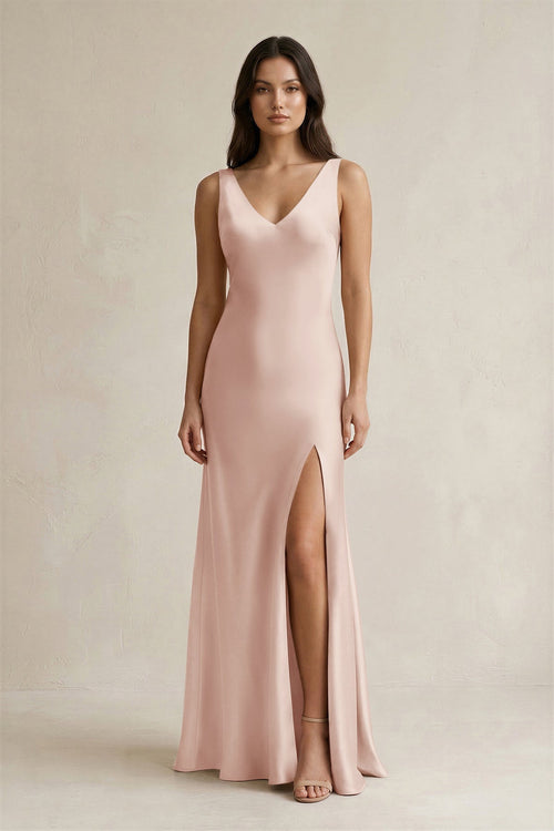 V - neck Sheath Satin Bridesmaid Dress With Back Bow in Pale Blush - KissProm Bridesmaid Dresses