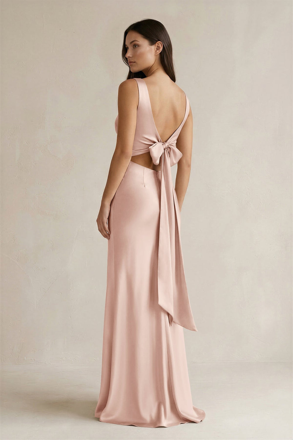 V - neck Sheath Satin Bridesmaid Dress With Back Bow in Pale Blush - KissProm Bridesmaid Dresses