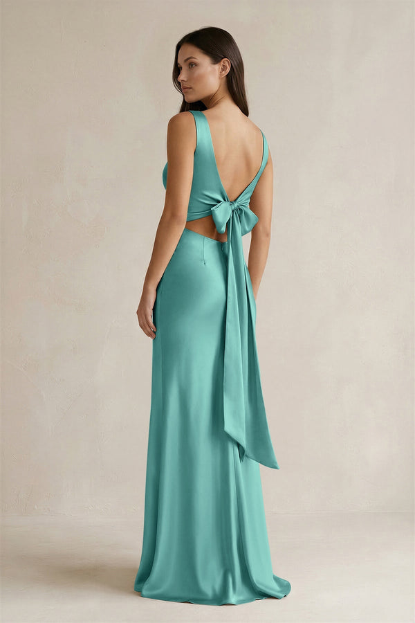 V - neck Sheath Satin Bridesmaid Dress With Back Bow in Pale Pistachio - KissProm Bridesmaid Dresses
