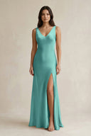 V - neck Sheath Satin Bridesmaid Dress With Back Bow in Pale Pistachio - KissProm Bridesmaid Dresses
