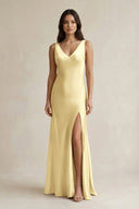 V - neck Sheath Satin Bridesmaid Dress With Back Bow in Pastel Yellow - KissProm Bridesmaid Dresses