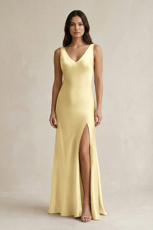 V - neck Sheath Satin Bridesmaid Dress With Back Bow in Pastel Yellow - KissProm Bridesmaid Dresses