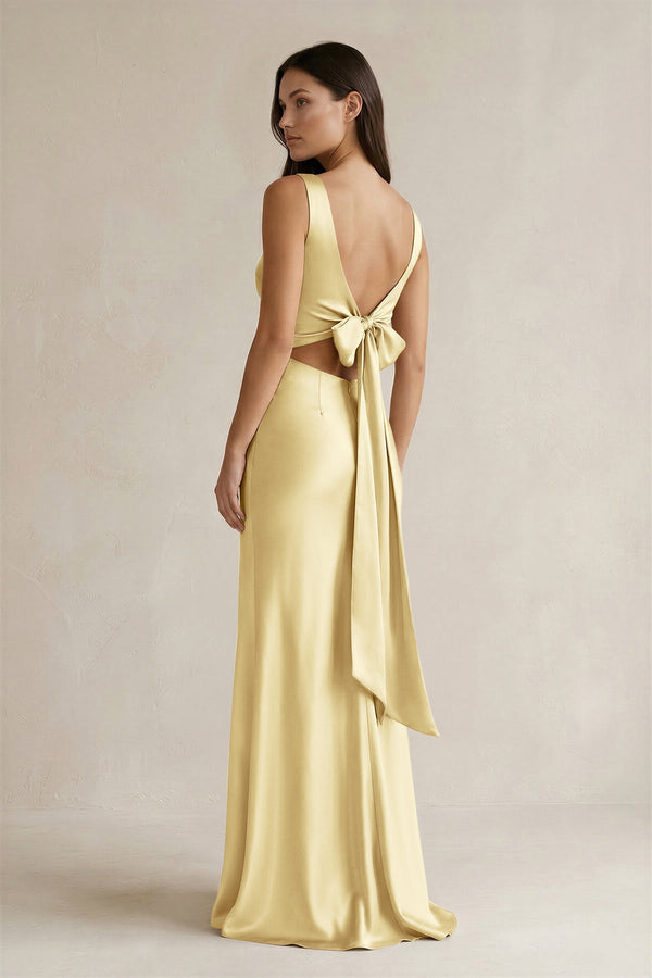 KissProm | V-neck Sheath Satin Bridesmaid Dress With Back Bow in Pastel Yellow KissProm | V-neck Sheath Satin Bridesmaid Dress With Back Bow in Pastel Yellow