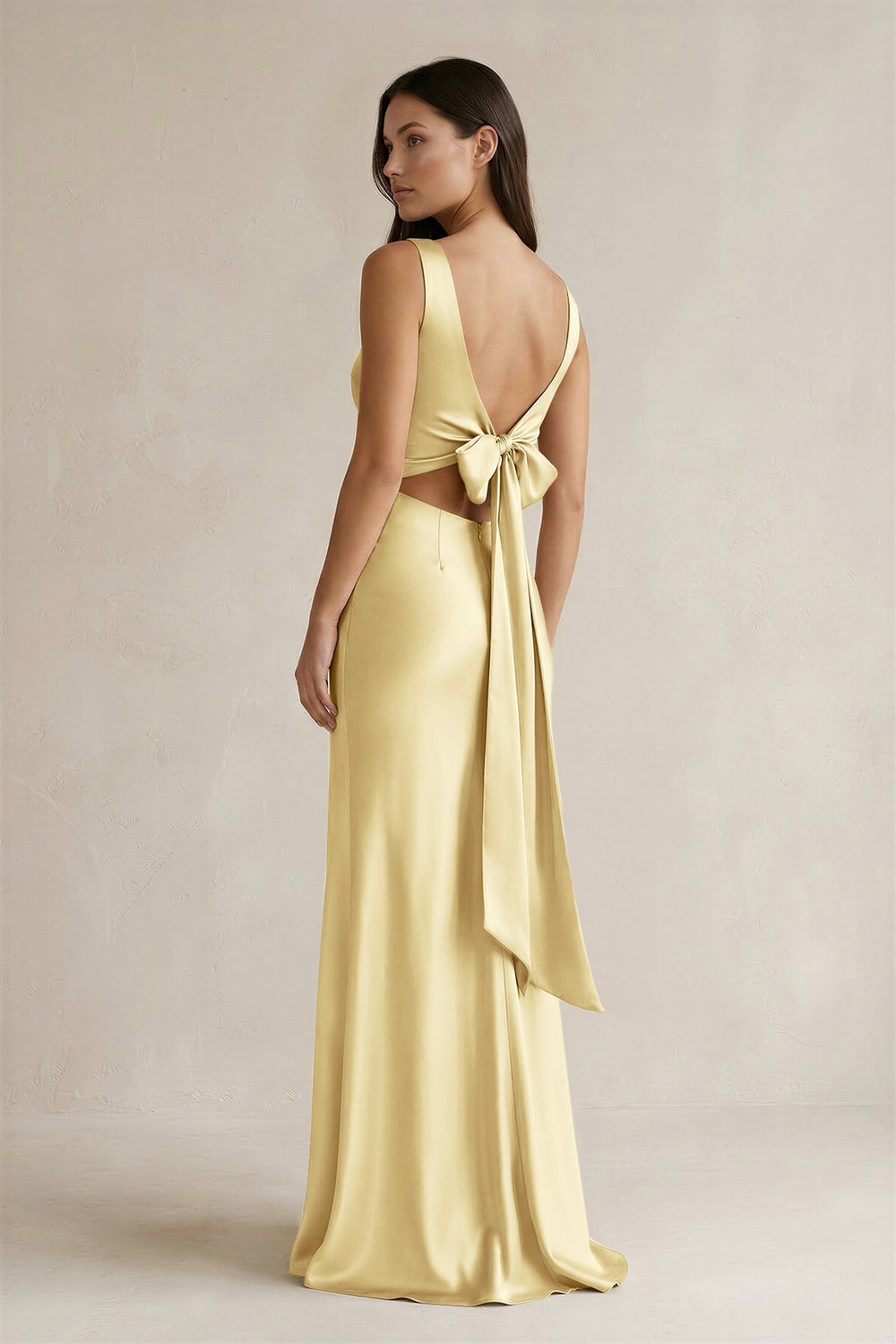 V - neck Sheath Satin Bridesmaid Dress With Back Bow in Pastel Yellow - KissProm Bridesmaid Dresses