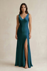 V - neck Sheath Satin Bridesmaid Dress With Back Bow in Pine - KissProm Bridesmaid Dresses