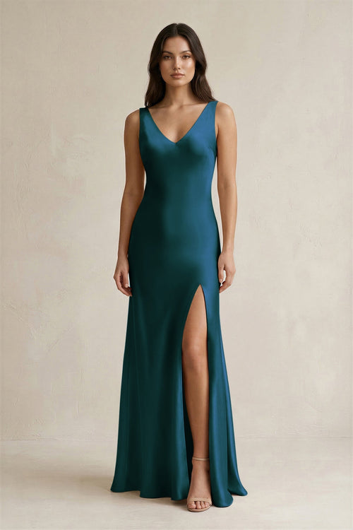 V - neck Sheath Satin Bridesmaid Dress With Back Bow in Pine - KissProm Bridesmaid Dresses