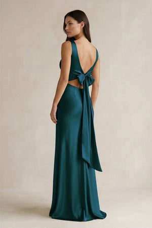 V - neck Sheath Satin Bridesmaid Dress With Back Bow in Pine - KissProm Bridesmaid Dresses