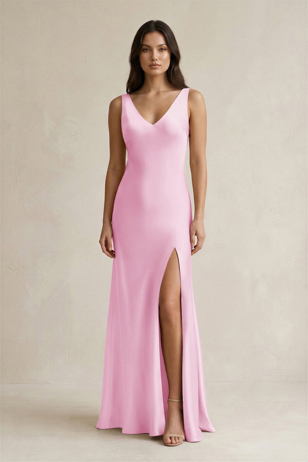 V - neck Sheath Satin Bridesmaid Dress With Back Bow in Pink - KissProm Bridesmaid Dresses