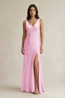 V - neck Sheath Satin Bridesmaid Dress With Back Bow in Pink - KissProm Bridesmaid Dresses