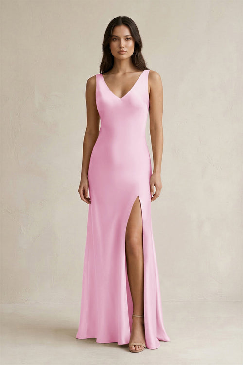 V - neck Sheath Satin Bridesmaid Dress With Back Bow in Pink - KissProm Bridesmaid Dresses