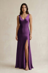 V - neck Sheath Satin Bridesmaid Dress With Back Bow in Plum - KissProm Bridesmaid Dresses