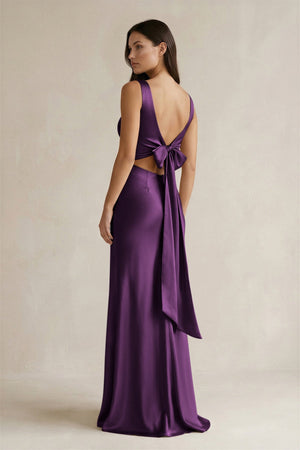 V - neck Sheath Satin Bridesmaid Dress With Back Bow in Plum - KissProm Bridesmaid Dresses
