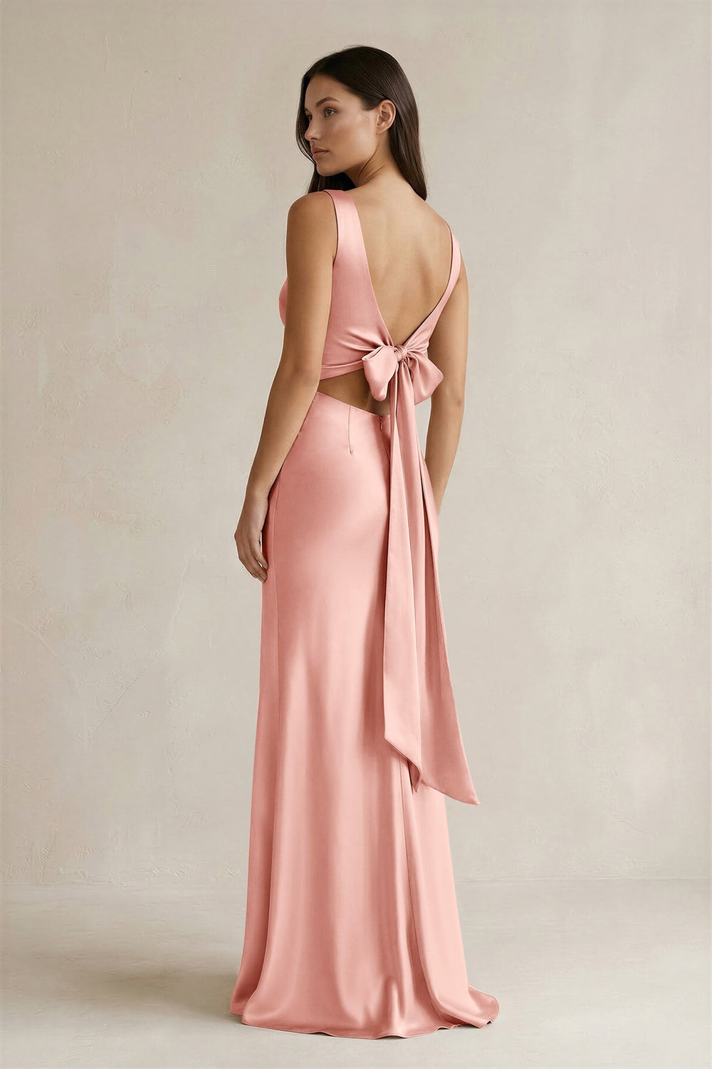 V - neck Sheath Satin Bridesmaid Dress With Back Bow in Rose Petal - KissProm Bridesmaid Dresses