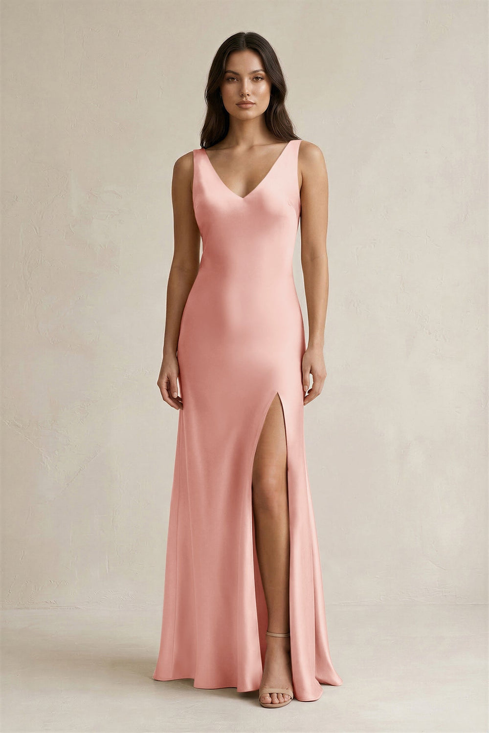 V - neck Sheath Satin Bridesmaid Dress With Back Bow in Rose Petal - KissProm Bridesmaid Dresses