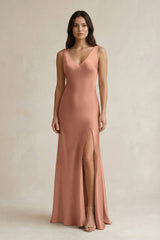 V - neck Sheath Satin Bridesmaid Dress With Back Bow in Rosette - KissProm Bridesmaid Dresses