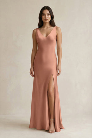 V - neck Sheath Satin Bridesmaid Dress With Back Bow in Rosette - KissProm Bridesmaid Dresses