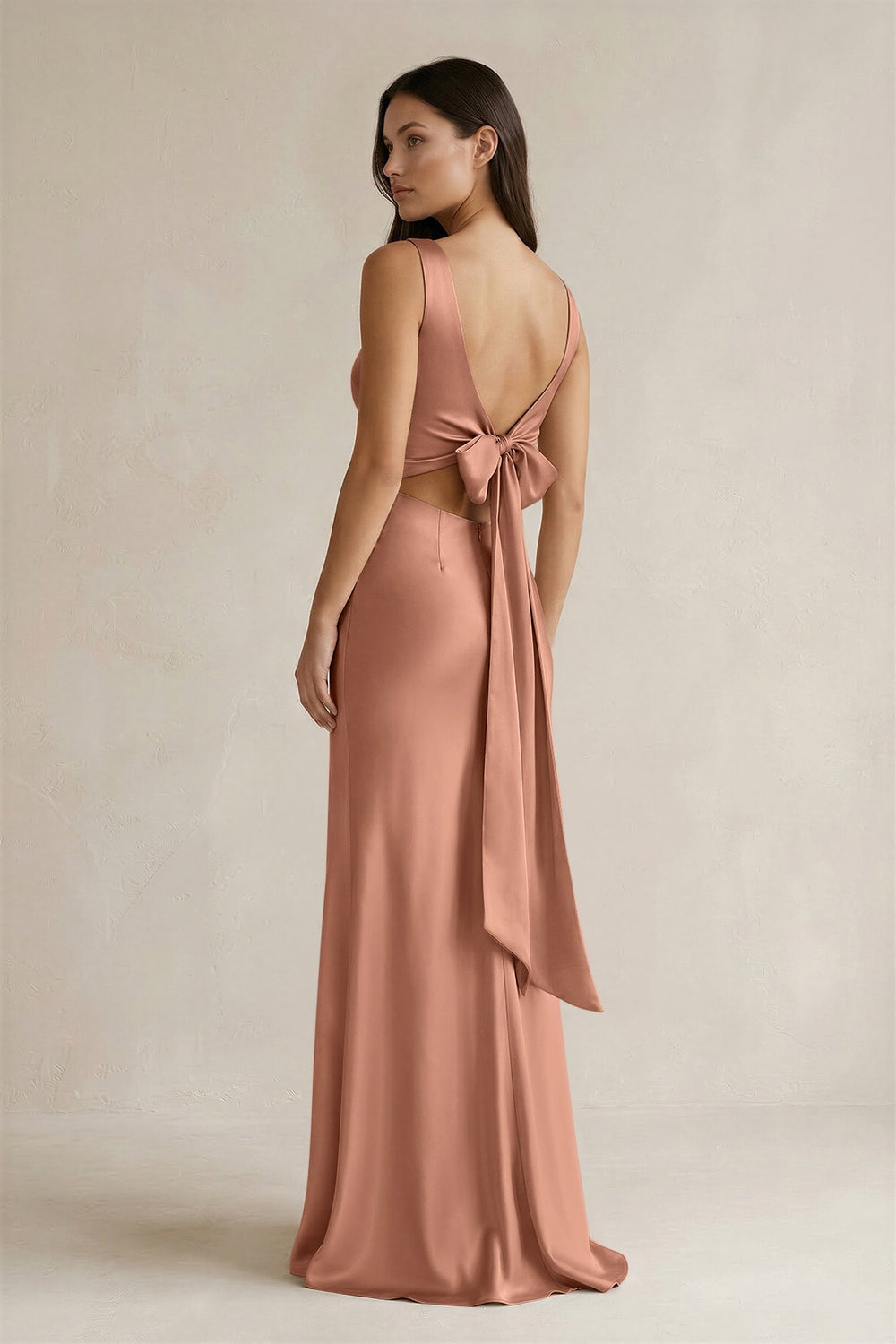 V - neck Sheath Satin Bridesmaid Dress With Back Bow in Rosette - KissProm Bridesmaid Dresses