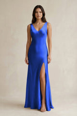 V - neck Sheath Satin Bridesmaid Dress With Back Bow in Royal Blue - KissProm Bridesmaid Dresses