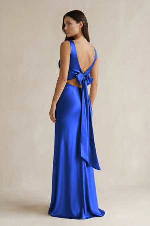 V - neck Sheath Satin Bridesmaid Dress With Back Bow in Royal Blue - KissProm Bridesmaid Dresses