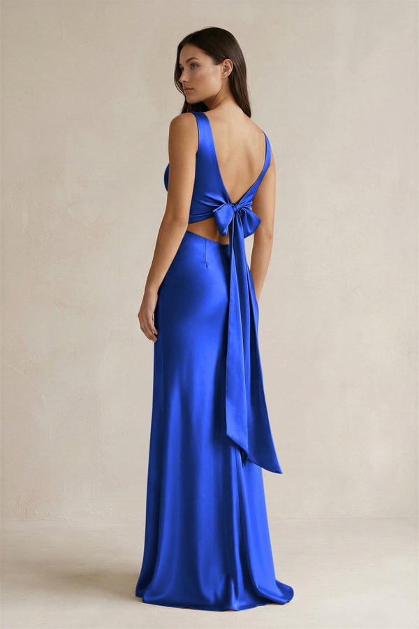 V - neck Sheath Satin Bridesmaid Dress With Back Bow in Royal Blue - KissProm Bridesmaid Dresses
