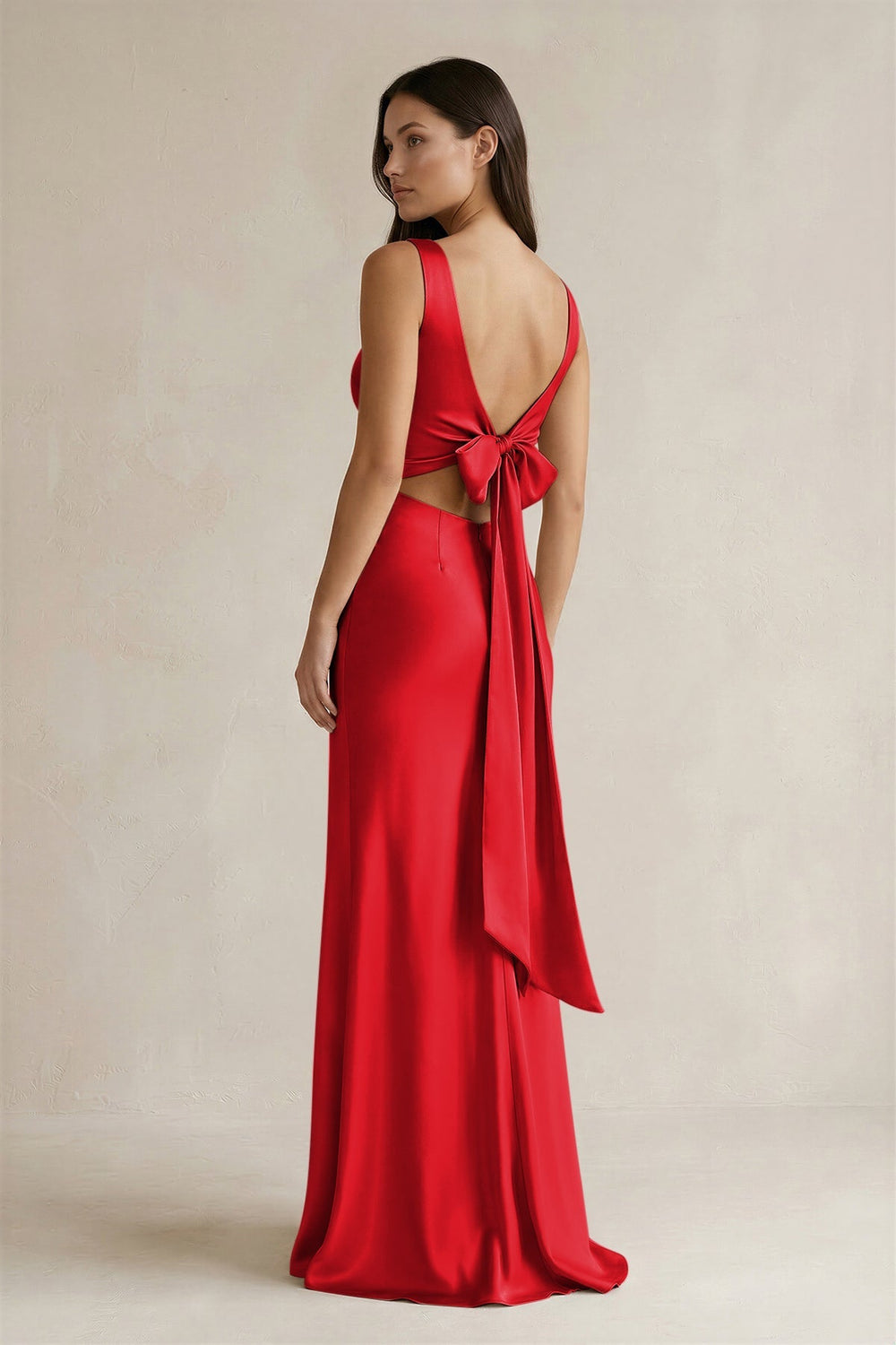 V - neck Sheath Satin Bridesmaid Dress With Back Bow in Ruby Red - KissProm Bridesmaid Dresses