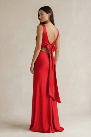 V - neck Sheath Satin Bridesmaid Dress With Back Bow in Ruby Red - KissProm Bridesmaid Dresses