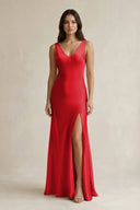 V - neck Sheath Satin Bridesmaid Dress With Back Bow in Ruby Red - KissProm Bridesmaid Dresses