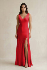 V - neck Sheath Satin Bridesmaid Dress With Back Bow in Ruby Red - KissProm Bridesmaid Dresses