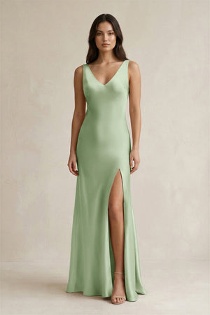 V - neck Sheath Satin Bridesmaid Dress With Back Bow in Sage - KissProm Bridesmaid Dresses
