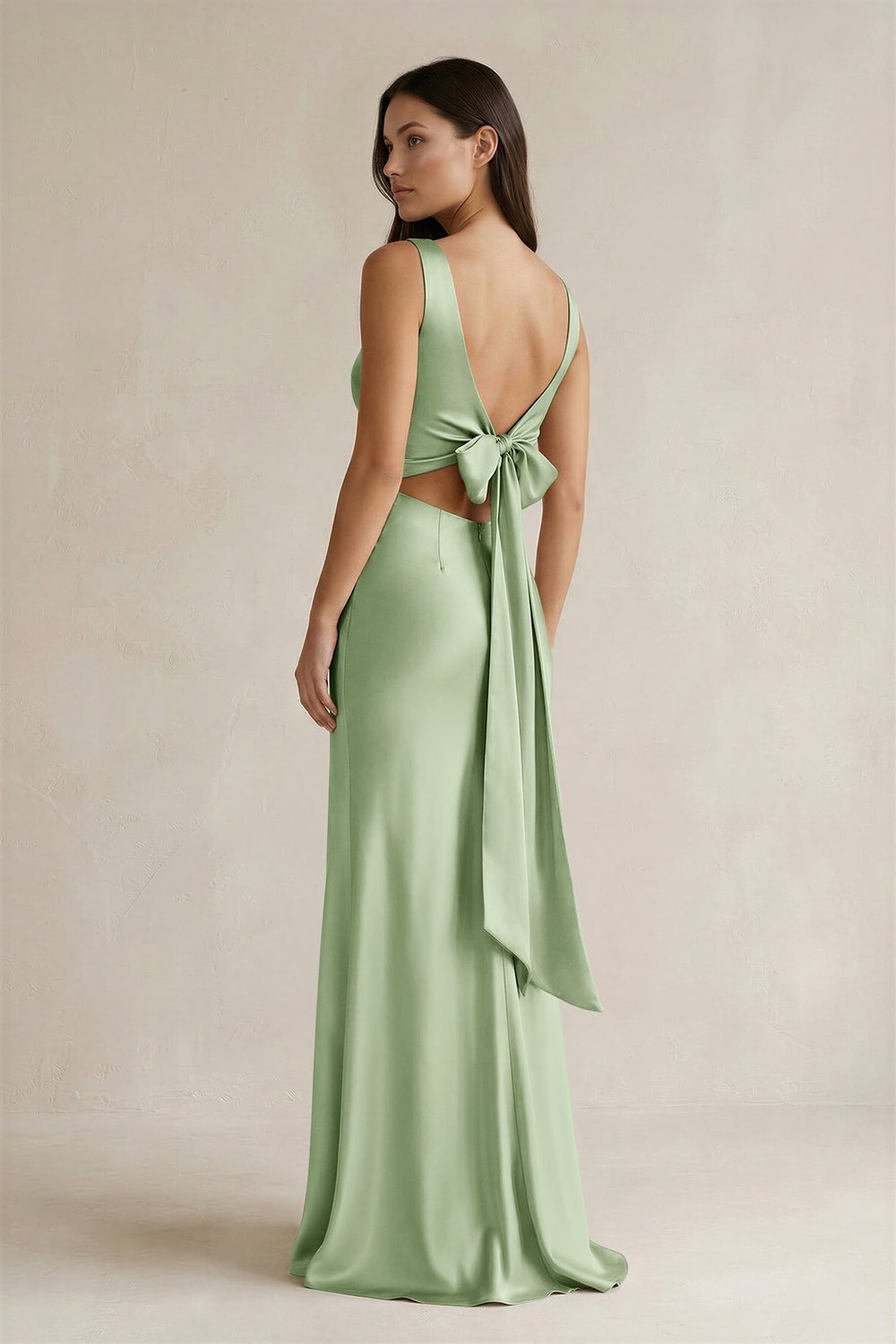 V - neck Sheath Satin Bridesmaid Dress With Back Bow in Sage - KissProm Bridesmaid Dresses