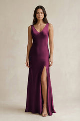 V - neck Sheath Satin Bridesmaid Dress With Back Bow in Sangria - KissProm Bridesmaid Dresses