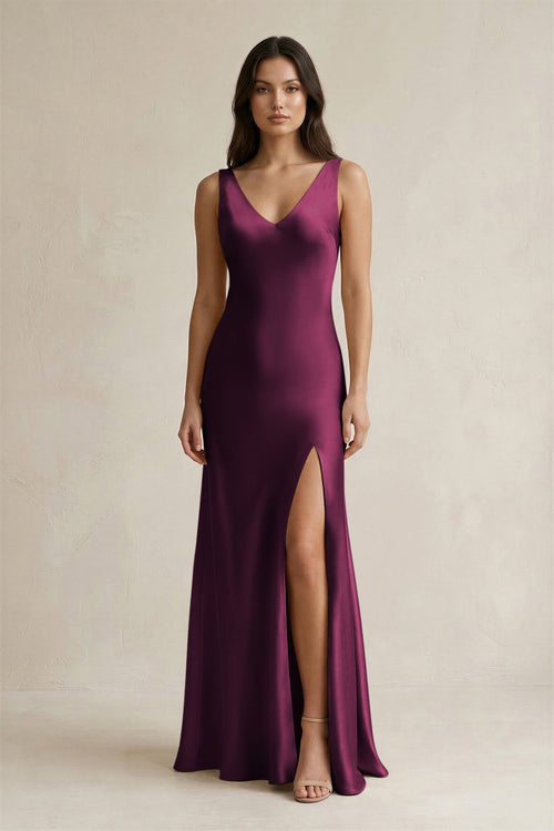 V - neck Sheath Satin Bridesmaid Dress With Back Bow in Sangria - KissProm Bridesmaid Dresses
