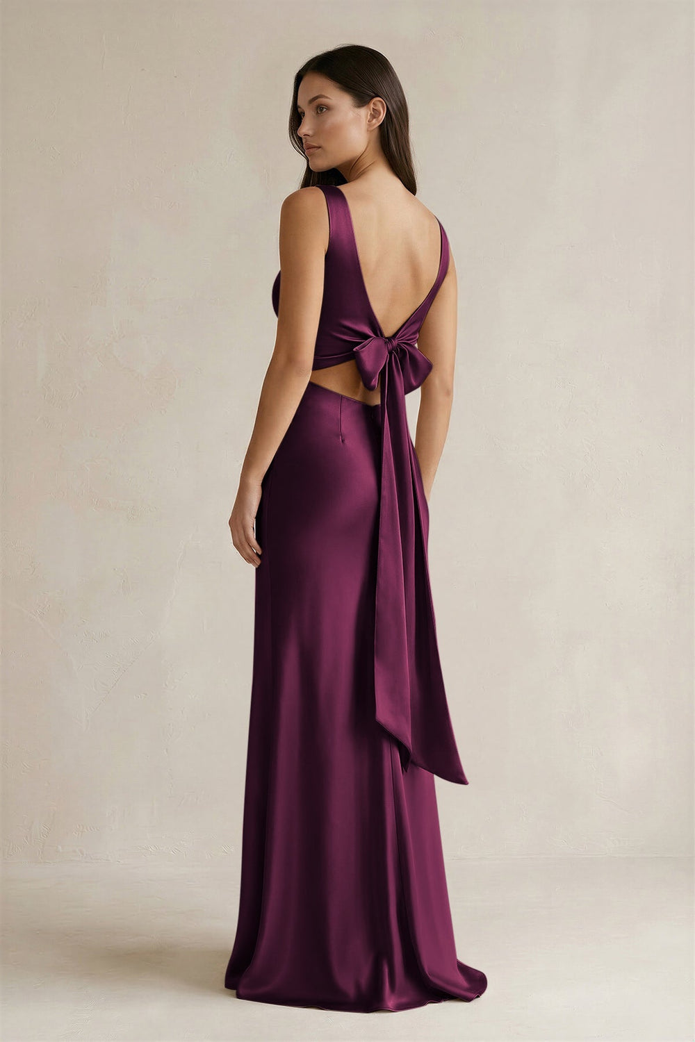 V - neck Sheath Satin Bridesmaid Dress With Back Bow in Sangria - KissProm Bridesmaid Dresses