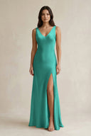 V - neck Sheath Satin Bridesmaid Dress With Back Bow in Sea Glass - KissProm Bridesmaid Dresses