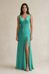 V - neck Sheath Satin Bridesmaid Dress With Back Bow in Sea Glass - KissProm Bridesmaid Dresses