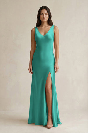 V - neck Sheath Satin Bridesmaid Dress With Back Bow in Sea Glass - KissProm Bridesmaid Dresses