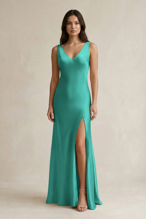 V - neck Sheath Satin Bridesmaid Dress With Back Bow in Sea Glass - KissProm Bridesmaid Dresses