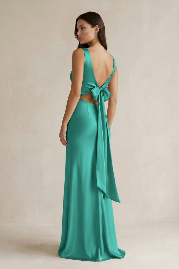 V - neck Sheath Satin Bridesmaid Dress With Back Bow in Sea Glass - KissProm Bridesmaid Dresses