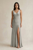 V - neck Sheath Satin Bridesmaid Dress With Back Bow in Silver - KissProm Bridesmaid Dresses