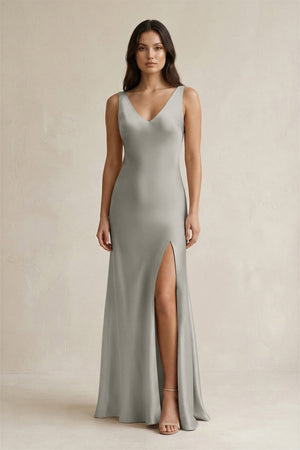 V - neck Sheath Satin Bridesmaid Dress With Back Bow in Silver - KissProm Bridesmaid Dresses
