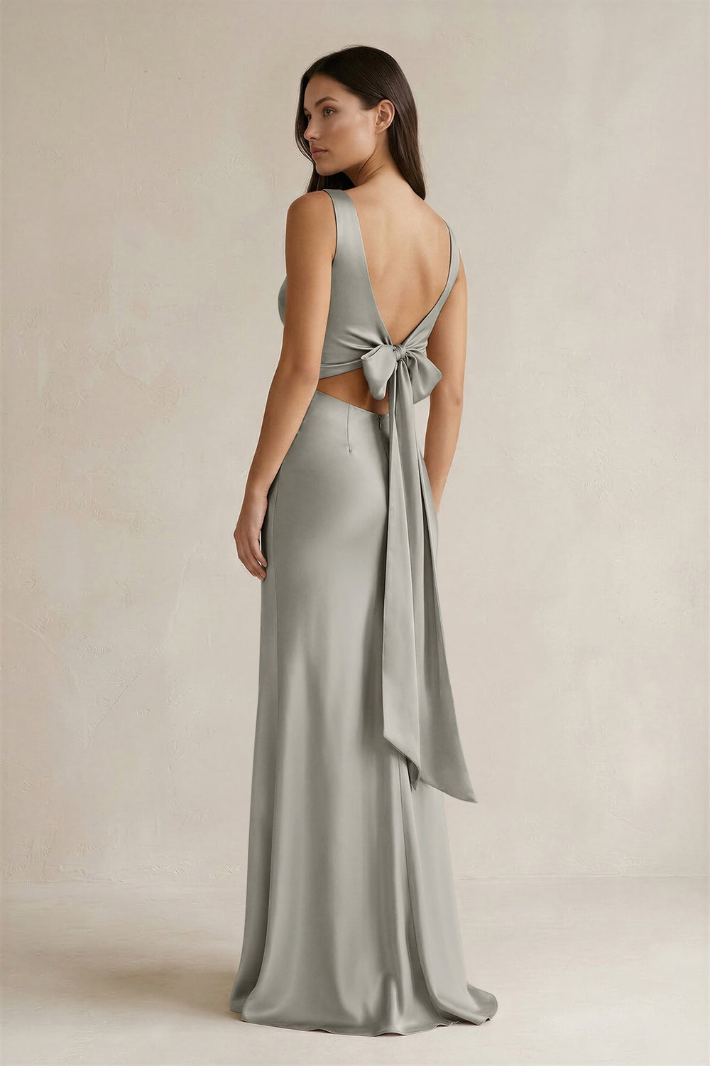 V - neck Sheath Satin Bridesmaid Dress With Back Bow in Silver - KissProm Bridesmaid Dresses