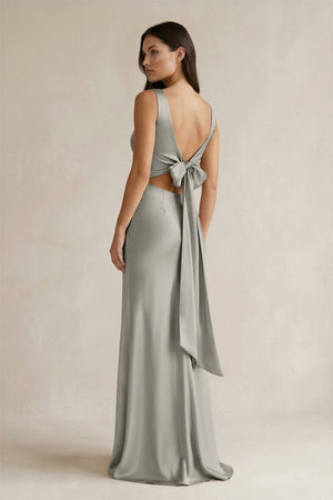 V - neck Sheath Satin Bridesmaid Dress With Back Bow in Silver - KissProm Bridesmaid Dresses