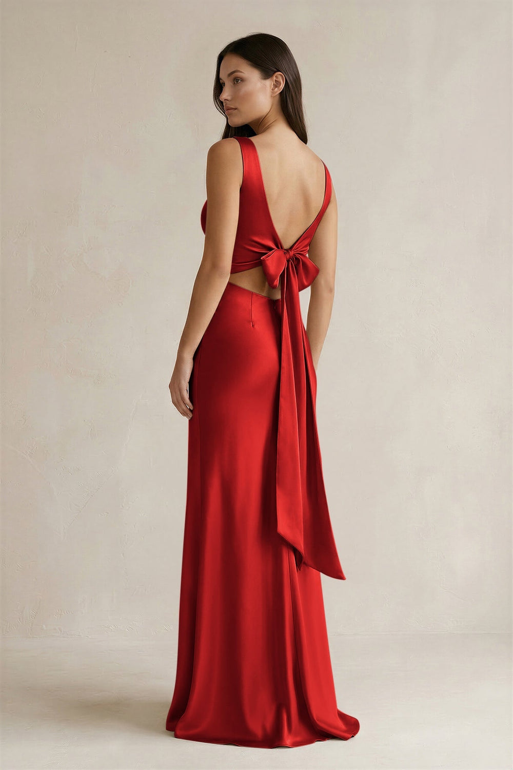 V - neck Sheath Satin Bridesmaid Dress With Back Bow in Spice - KissProm Bridesmaid Dresses