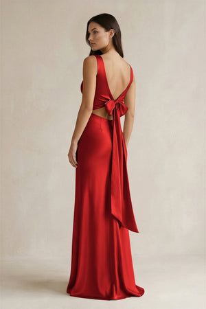 V - neck Sheath Satin Bridesmaid Dress With Back Bow in Spice - KissProm Bridesmaid Dresses
