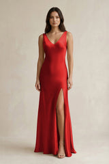 V - neck Sheath Satin Bridesmaid Dress With Back Bow in Spice - KissProm Bridesmaid Dresses