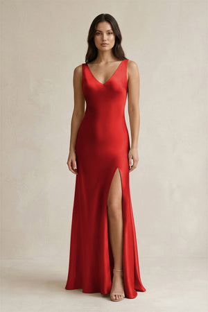 V - neck Sheath Satin Bridesmaid Dress With Back Bow in Spice - KissProm Bridesmaid Dresses