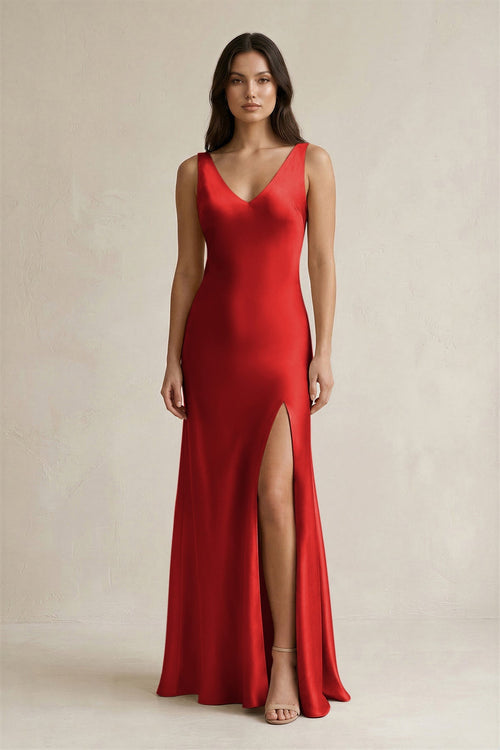 V - neck Sheath Satin Bridesmaid Dress With Back Bow in Spice - KissProm Bridesmaid Dresses