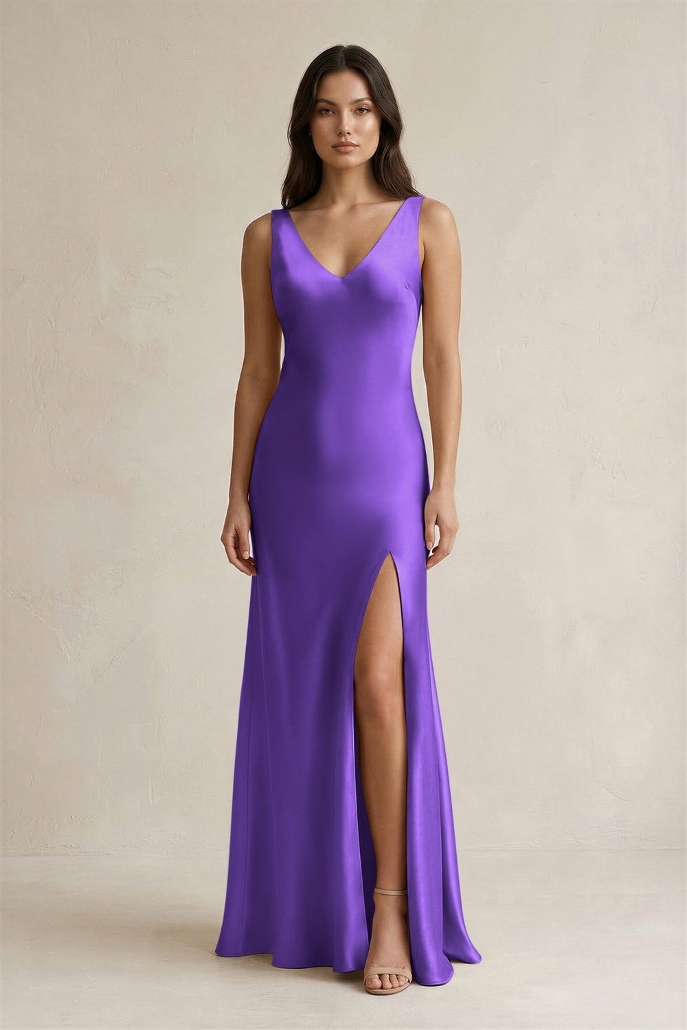V - neck Sheath Satin Bridesmaid Dress With Back Bow in Tahiti - KissProm Bridesmaid Dresses