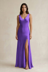 V - neck Sheath Satin Bridesmaid Dress With Back Bow in Tahiti - KissProm Bridesmaid Dresses